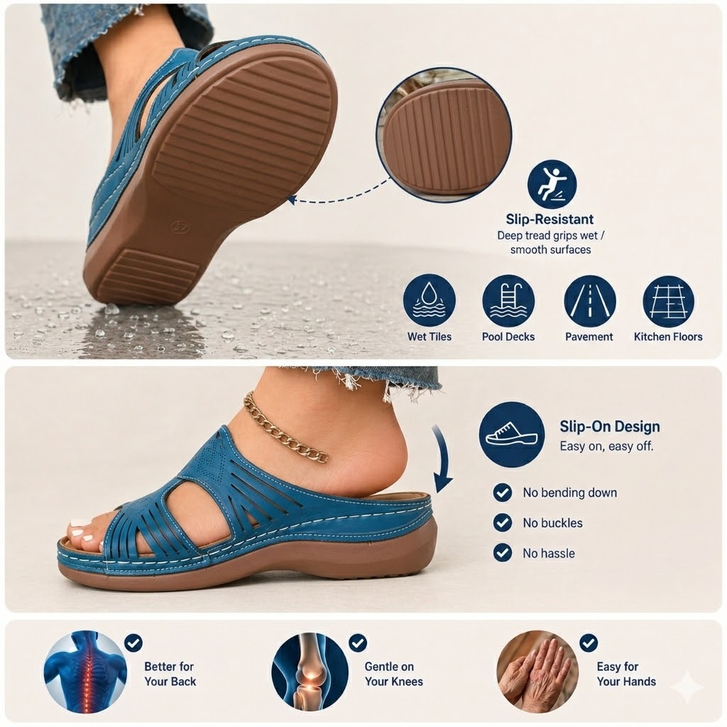 Deep-tread rubber outsole gripping wet tile, hardwood, pool deck and pavement