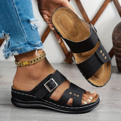 š„Summer Best Sellerš„Women's Summer Wedge Sandals ā Slip-On with Buckle Straps