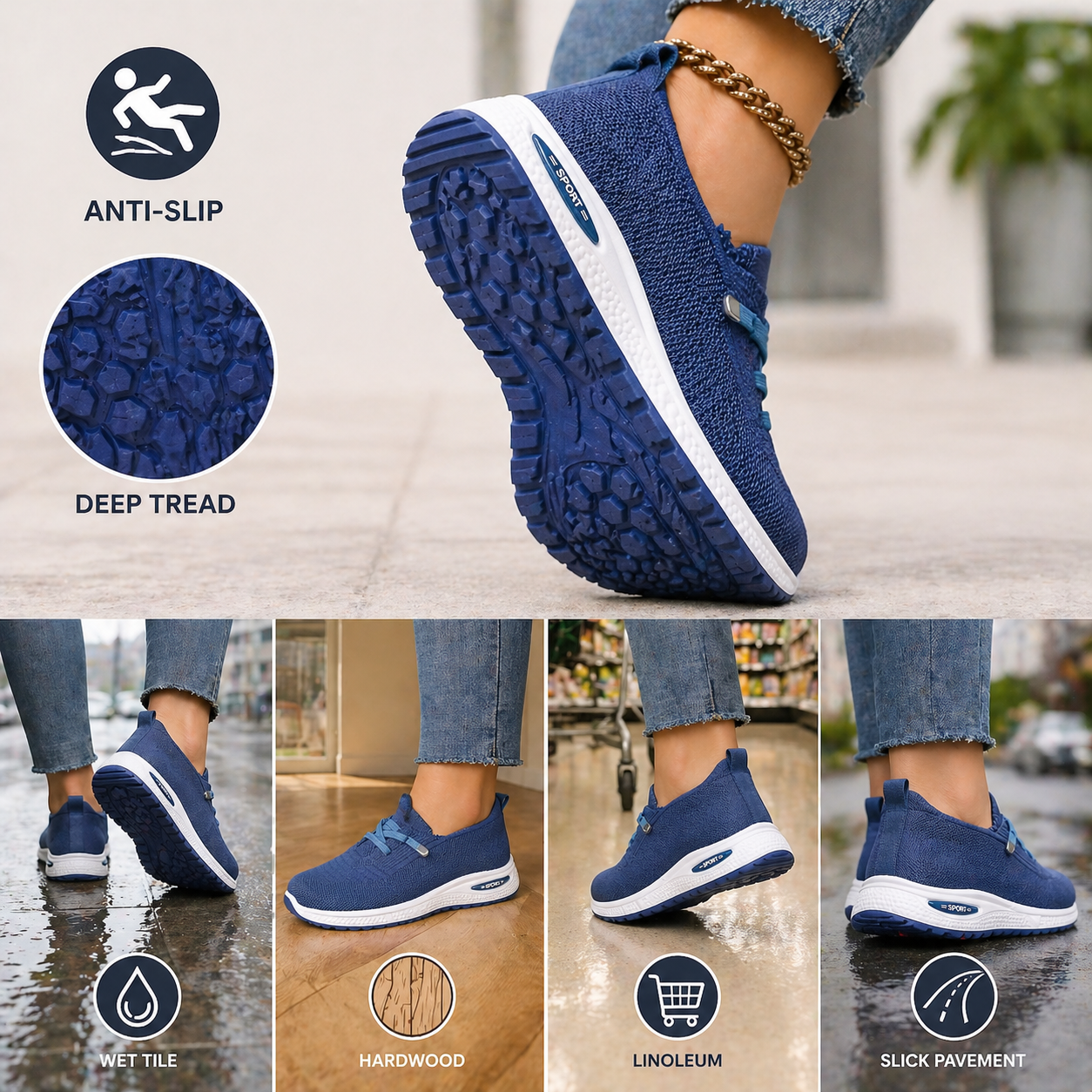 Anti-slip deep tread rubber sole in action on wet tile, hardwood, linoleum, and slick pavement