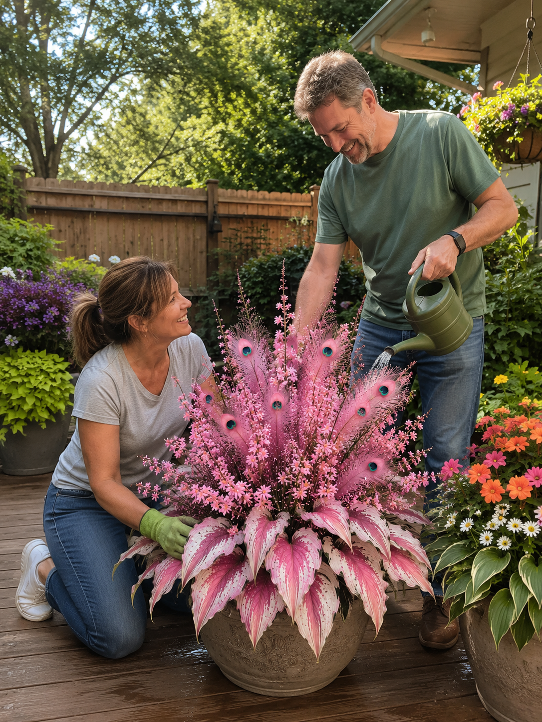 Two people watering a pink peacock-inspired display