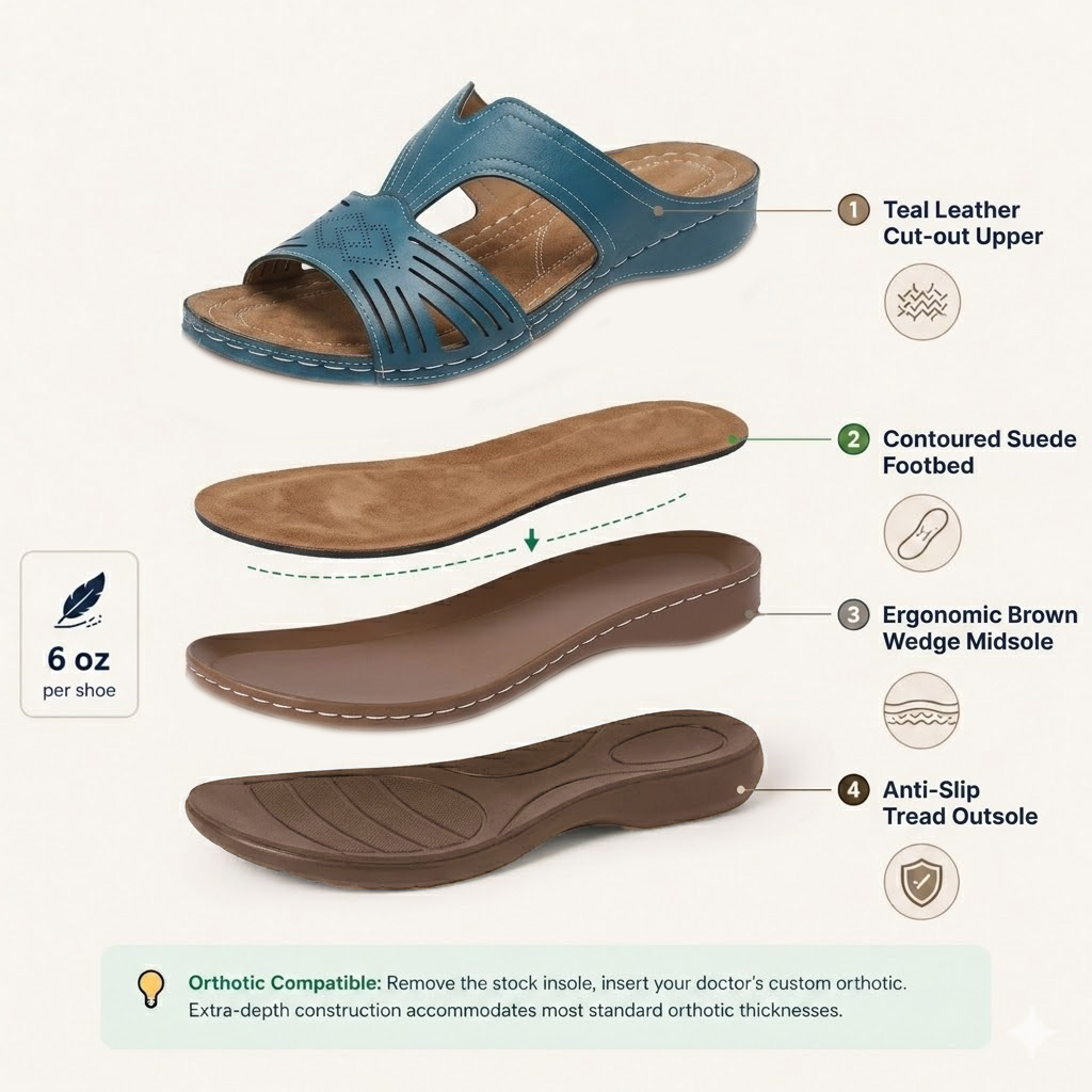 Laser-cut PU leather strap in all 4 colors — ventilation pattern and wide midfoot coverage