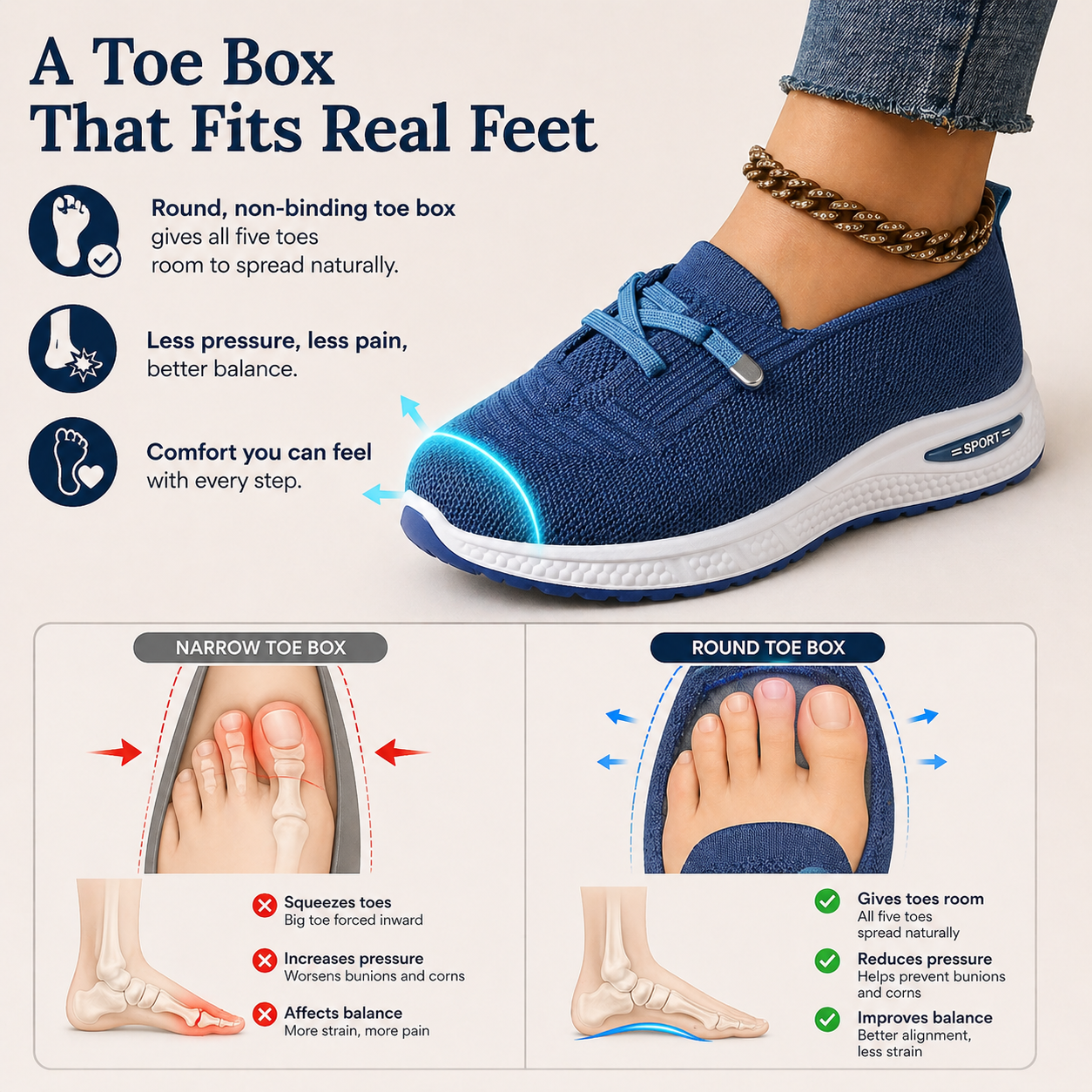 Comparison of narrow toe box squeezing toes causing bunions vs round toe box giving all five toes room to spread naturally