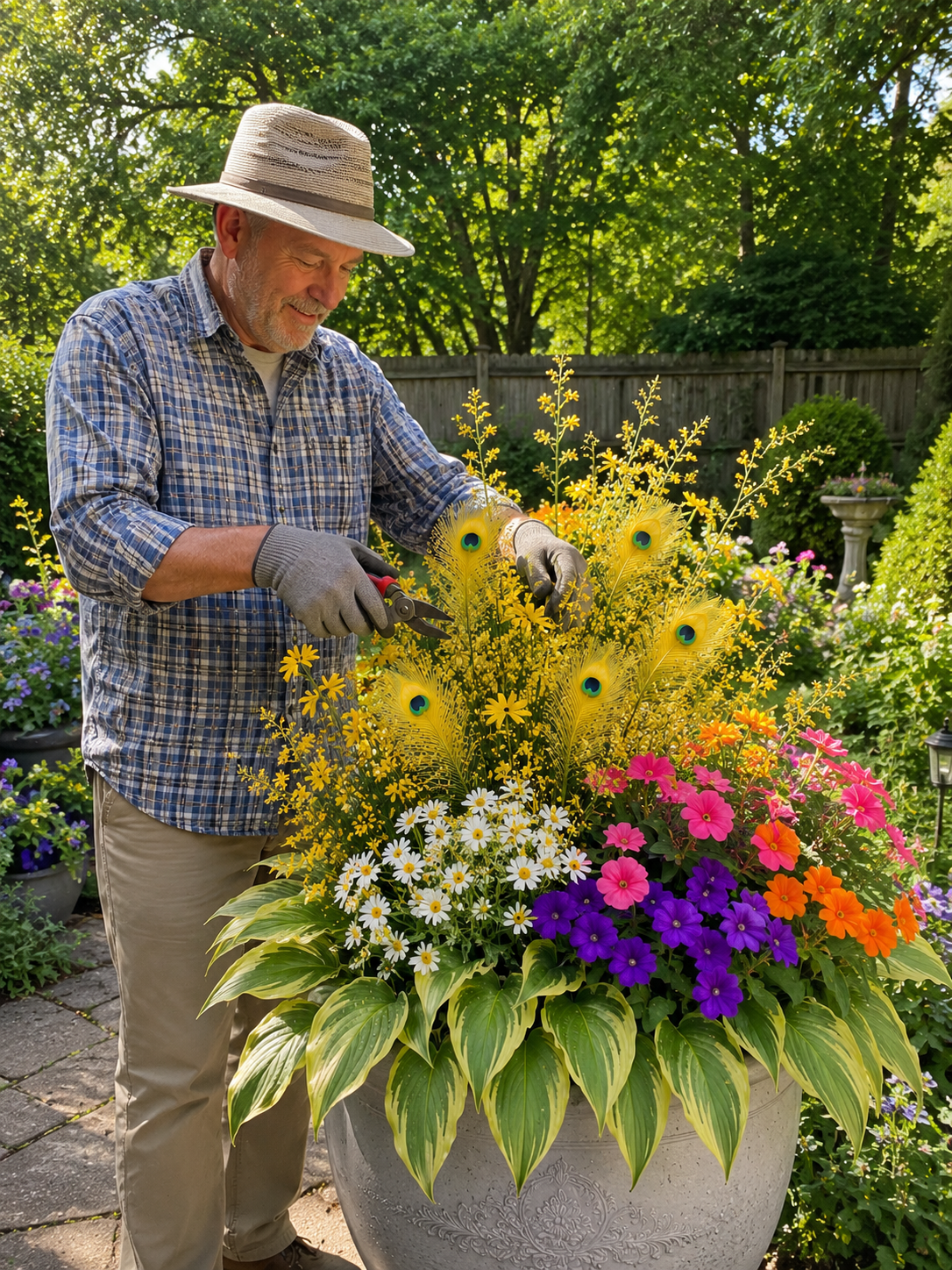 Gardener beside yellow peacock-inspired display