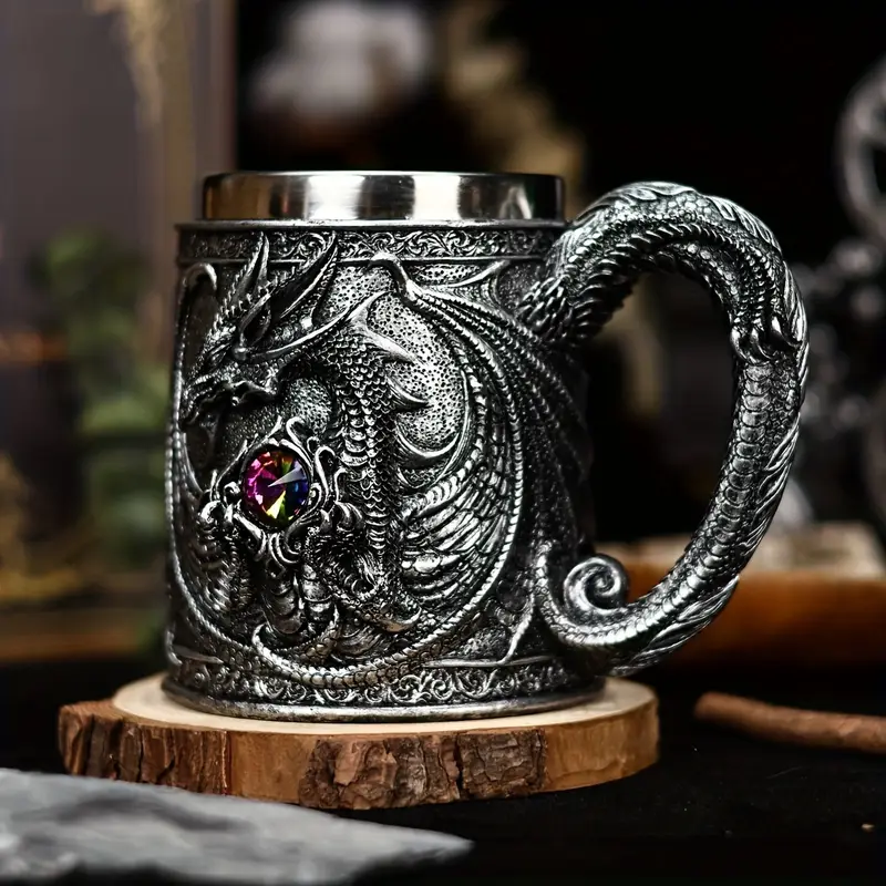 a stainless steel beer cup with a dragon statue a 3d western winged dragon mug and coffee cup christmas gift halloween tabletop decoration cute dragon decoration bar water cup details 6