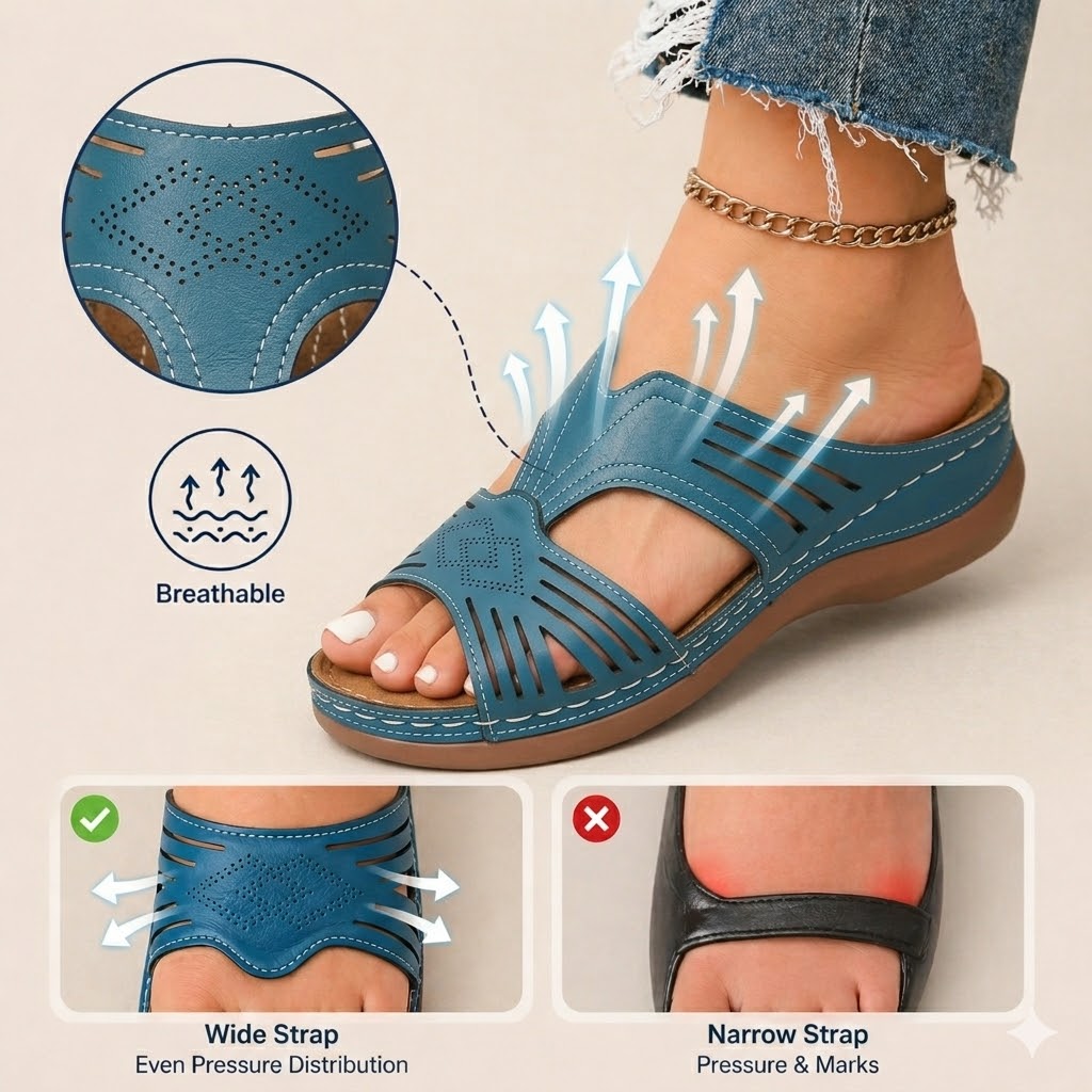 Laser-cut PU leather strap in all 4 colors — ventilation pattern and wide midfoot coverage
