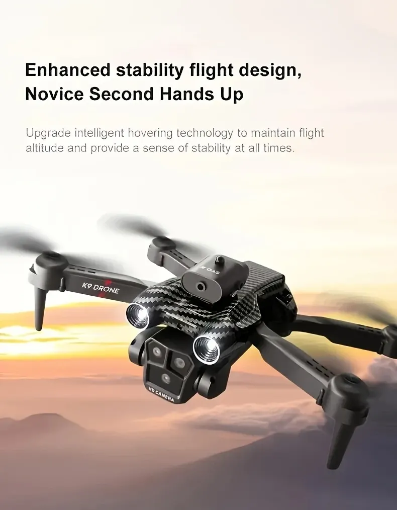 k9 max four axis   3 cameras and 360 obstacle avoidance   positioning   hover one click   landing   function foldable remote control   details 2