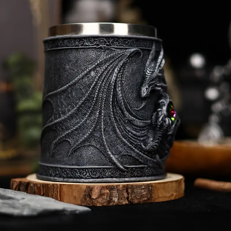 a stainless steel beer cup with a dragon statue a 3d western winged dragon mug and coffee cup christmas gift halloween tabletop decoration cute dragon decoration bar water cup details 9