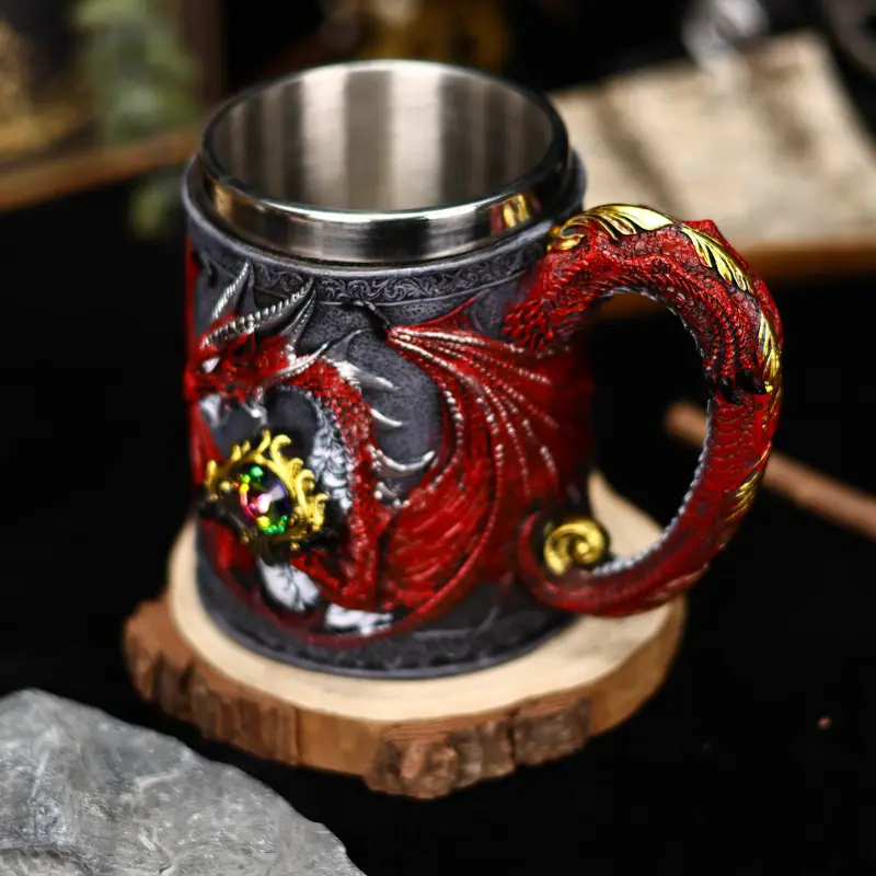 a stainless steel beer cup with a dragon statue a 3d western winged dragon mug and coffee cup christmas gift halloween tabletop decoration cute dragon decoration bar water cup details 1