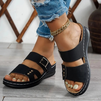 š„Summer Best Sellerš„Women's Summer Wedge Sandals ā Slip-On with Buckle Straps