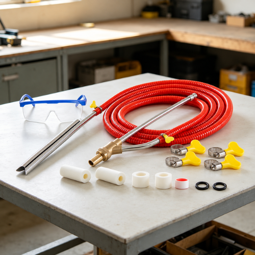 Wet sandblasting kit on a workbench: hose, wands, clamps, ceramic nozzles and goggles