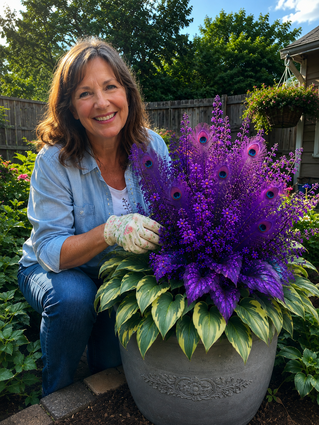Gardener beside purple peacock-inspired display