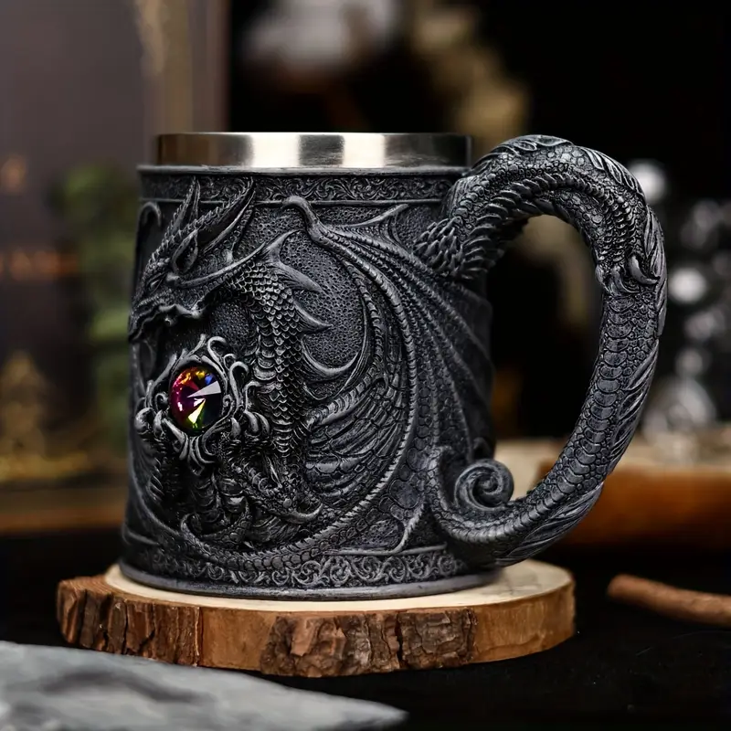 a stainless steel beer cup with a dragon statue a 3d western winged dragon mug and coffee cup christmas gift halloween tabletop decoration cute dragon decoration bar water cup details 8