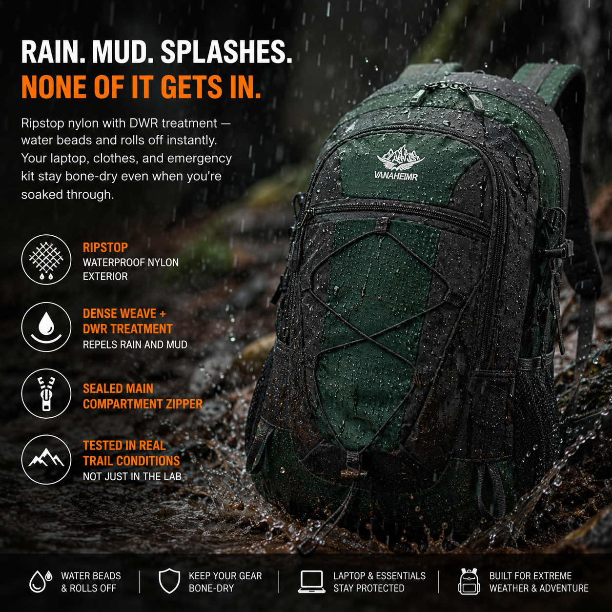 Vanaheimr backpack standing in mountain rain
