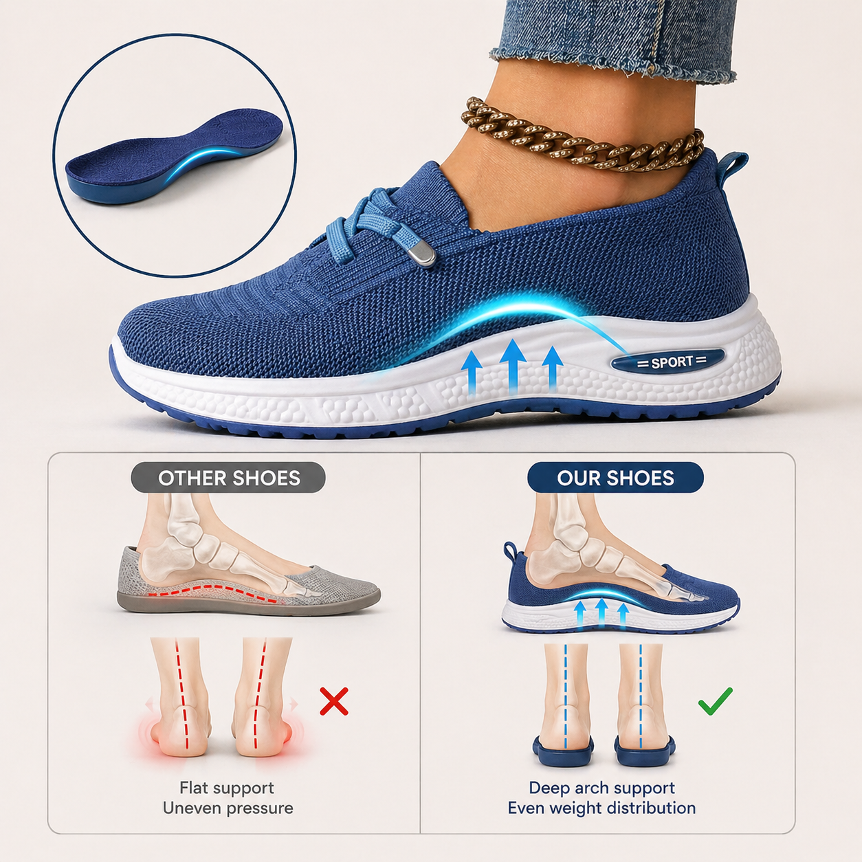 Arch support comparison: flat sole causes uneven pressure vs our deep arch support for even weight distribution