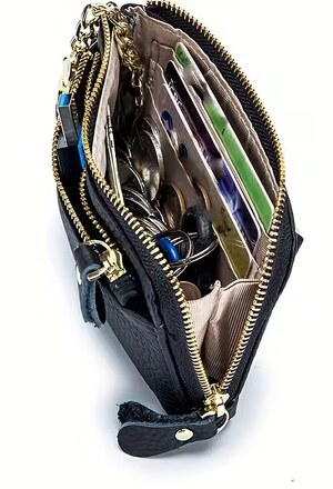 Title: Open wallet showing two zipper compartments and card slots - Description: Open wallet showing two zipper compartments and card slots